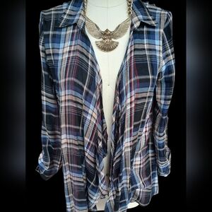 Hem & Thread Top 3/4 Sleeve Wrap Open Front Shirt Small Utility NEW Plaid Boho